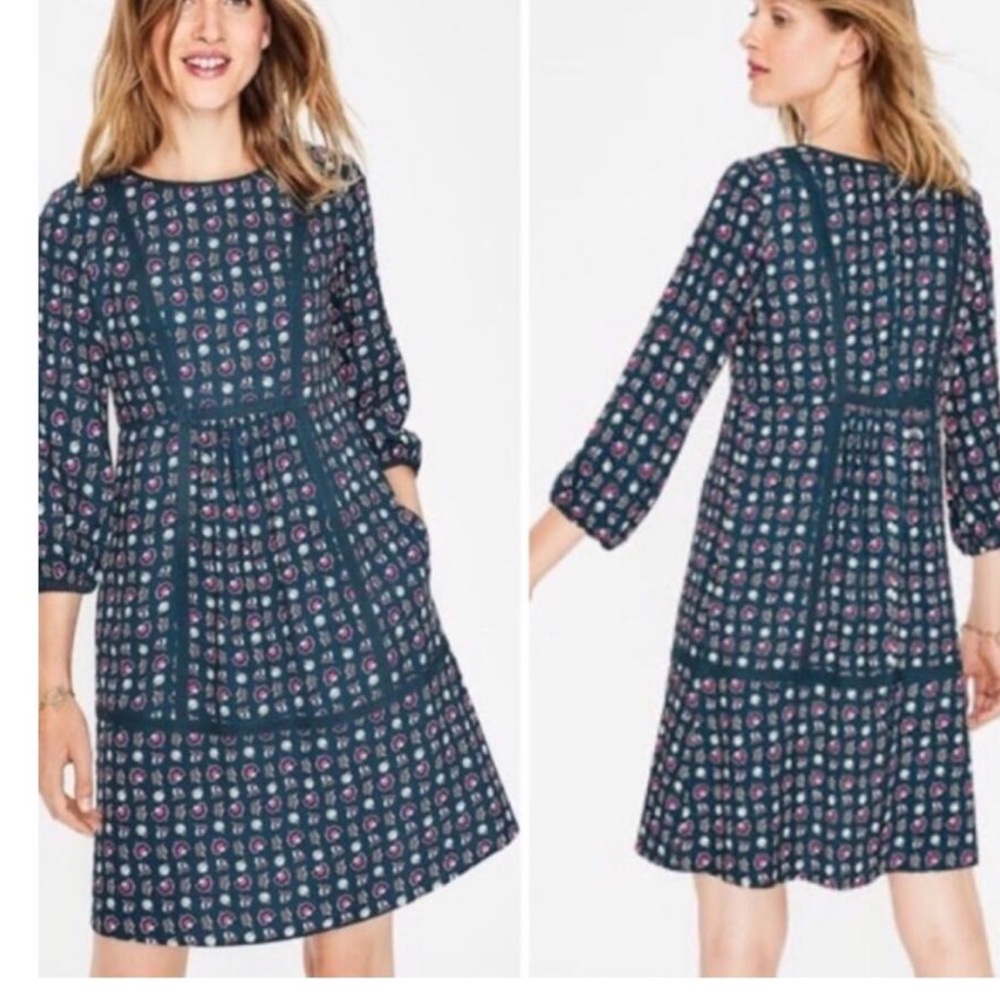 Boden Teal Luna Prairie Dress Floral Back Zip 3/4 Sleeve Pocket